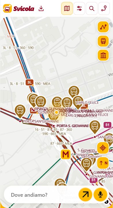 Svicola: mappa di San Giovanni con mezzi, fermate e ricerca della destinazione